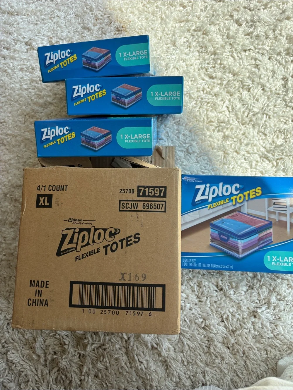 Lot of 4 Ziploc XL X-Large Flexible Storage Tote 10 Gallon Clear Plastic Sealed